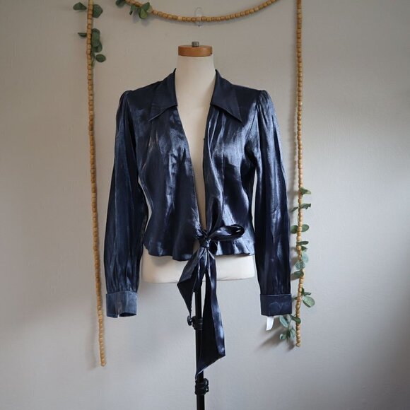 NWT Vintage Conrad C Collections Satin Blue Wrap Blouse Size 8 - Picture 2 of 10